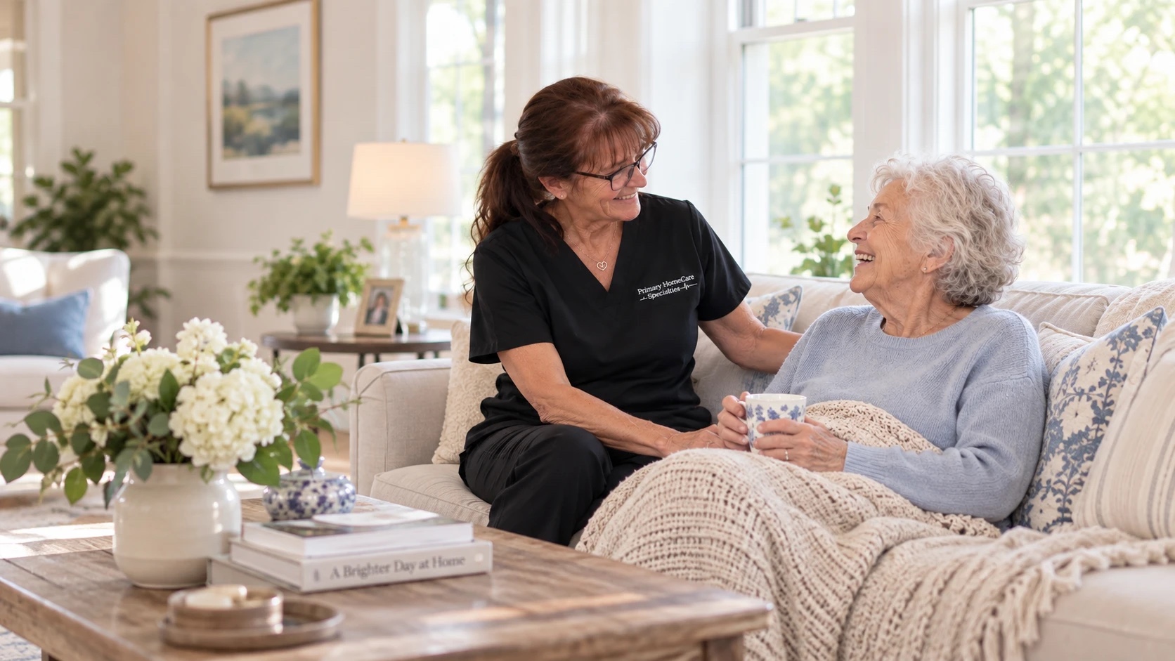 A Primary HomeCare Specialties caregiver sharing a laugh with a client on her living room sofa